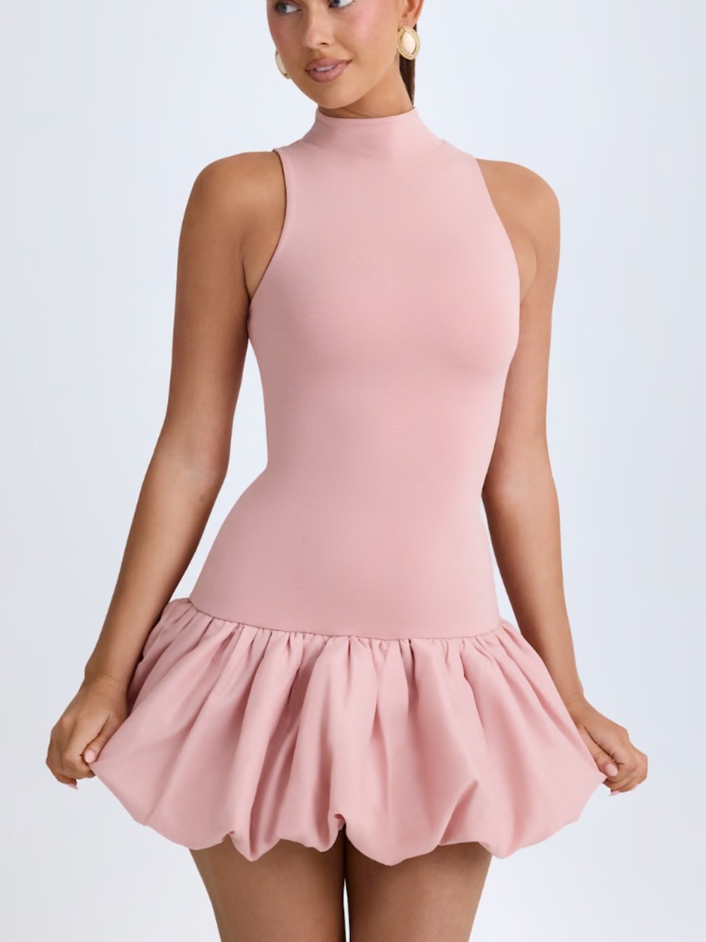 Oh Polly Blush Pink High-Neck Bubble-Hem Mini Dress - Picture 1 of 1